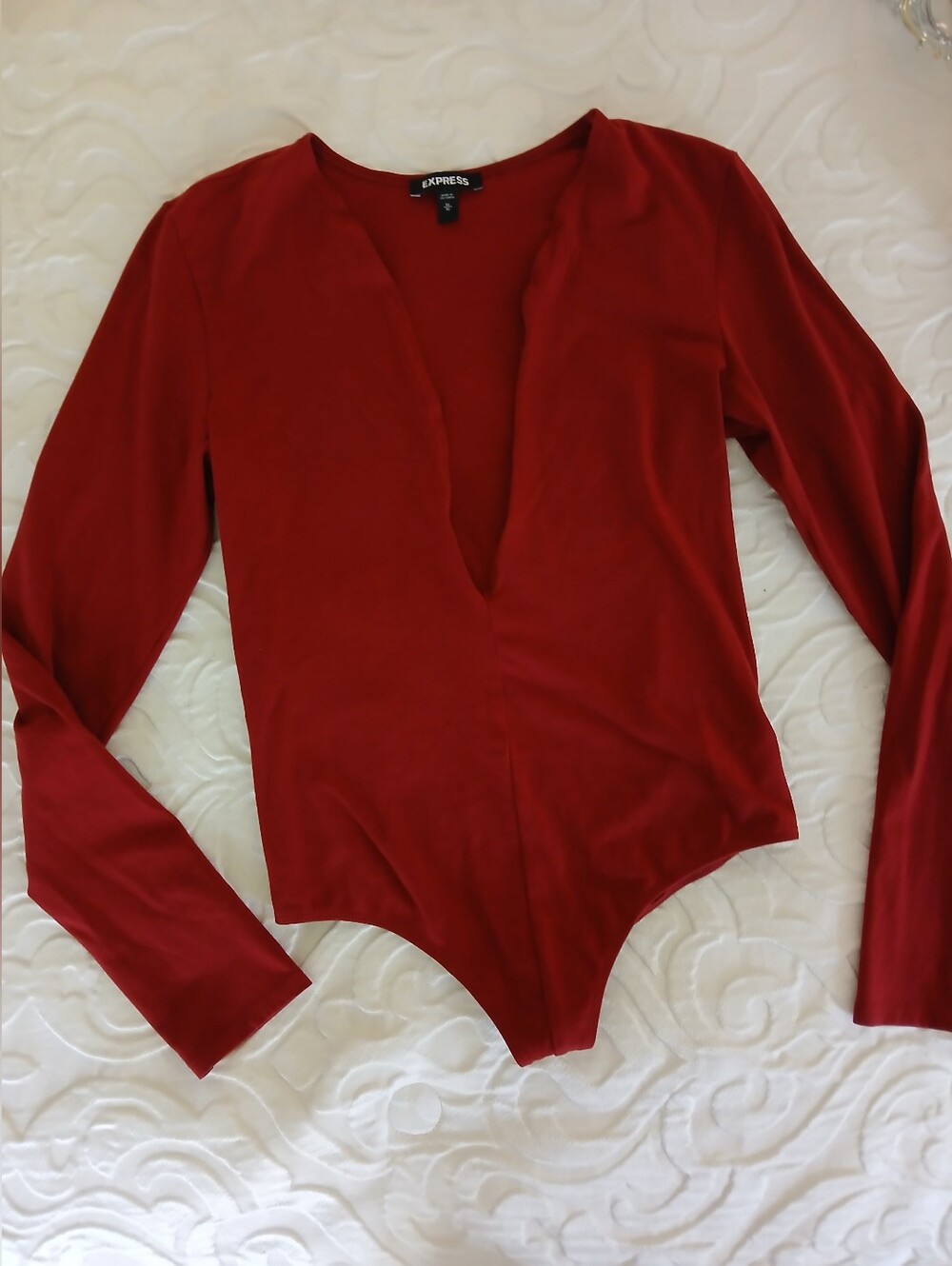 Express Maroon Red Deep V Long Sleeve Bodysuit